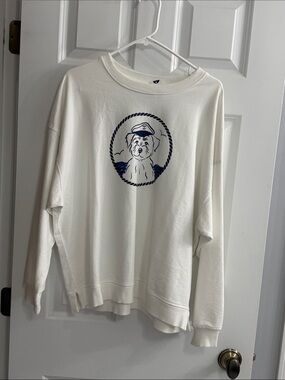 White Crewneck Sweatshirt with Navy Nautical Dog Graphic NWT